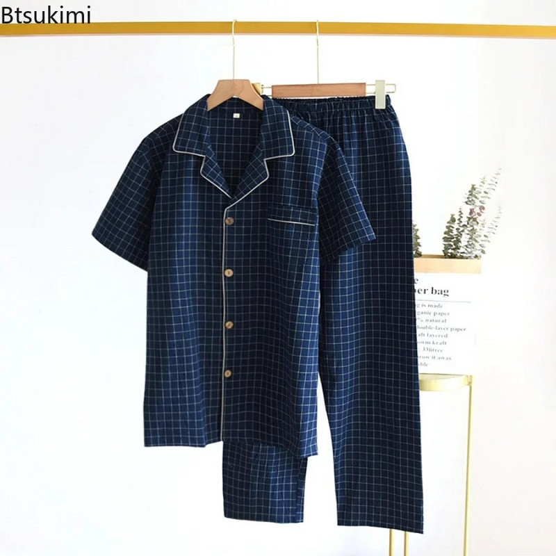 2024. Proljeće ljeto Muška pidžama Top kratkih rukava i hlače Isprani pamuk Jednostavno karirano odijelo za kućne usluge Pantalon Pijama Hombre