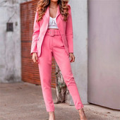 Ružičasta ženska odijela s remenom Uski elegantni kompleti hlača Jesenski dvodijelni set dugih rukava Ženska uredska jakna Ženska jednobojna odjeća