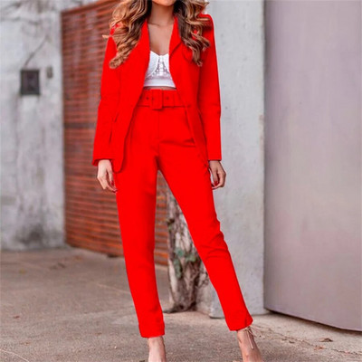 Ružičasta ženska odijela s remenom Uski elegantni kompleti hlača Jesenski dvodijelni set dugih rukava Ženska uredska jakna Ženska jednobojna odjeća