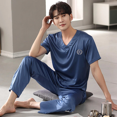 Casual V λαιμόκοψη μασίφ μεταξωτό σατέν πιτζάμες ανδρικές πιτζάμες καλοκαιρινές αναπνέουσες μπλούζες ύπνου με κοντό μανίκι Πυτζάμες pijama masculino