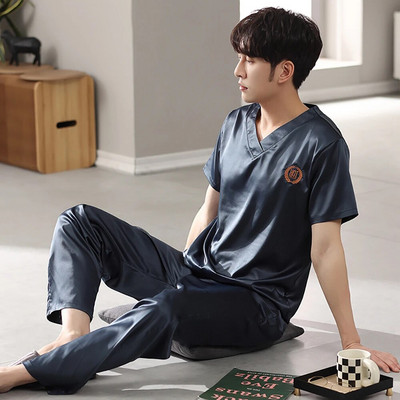 Casual V λαιμόκοψη μασίφ μεταξωτό σατέν πιτζάμες ανδρικές πιτζάμες καλοκαιρινές αναπνέουσες μπλούζες ύπνου με κοντό μανίκι Πυτζάμες pijama masculino