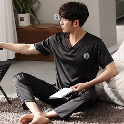 Casual V λαιμόκοψη μασίφ μεταξωτό σατέν πιτζάμες ανδρικές πιτζάμες καλοκαιρινές αναπνέουσες μπλούζες ύπνου με κοντό μανίκι Πυτζάμες pijama masculino