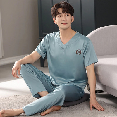 Casual V λαιμόκοψη μασίφ μεταξωτό σατέν πιτζάμες ανδρικές πιτζάμες καλοκαιρινές αναπνέουσες μπλούζες ύπνου με κοντό μανίκι Πυτζάμες pijama masculino