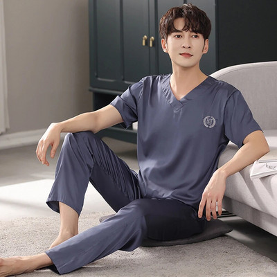 Casual V λαιμόκοψη μασίφ μεταξωτό σατέν πιτζάμες ανδρικές πιτζάμες καλοκαιρινές αναπνέουσες μπλούζες ύπνου με κοντό μανίκι Πυτζάμες pijama masculino