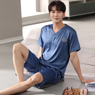 Casual V λαιμόκοψη μασίφ μεταξωτό σατέν πιτζάμες ανδρικές πιτζάμες καλοκαιρινές αναπνέουσες μπλούζες ύπνου με κοντό μανίκι Πυτζάμες pijama masculino