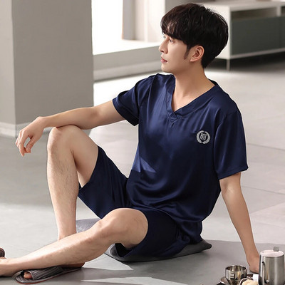 Casual V λαιμόκοψη μασίφ μεταξωτό σατέν πιτζάμες ανδρικές πιτζάμες καλοκαιρινές αναπνέουσες μπλούζες ύπνου με κοντό μανίκι Πυτζάμες pijama masculino