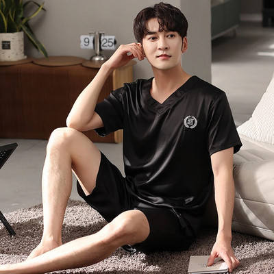 Casual V λαιμόκοψη μασίφ μεταξωτό σατέν πιτζάμες ανδρικές πιτζάμες καλοκαιρινές αναπνέουσες μπλούζες ύπνου με κοντό μανίκι Πυτζάμες pijama masculino