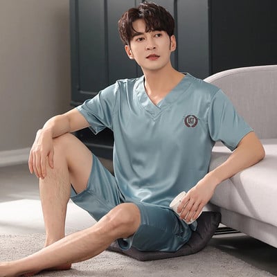 Casual V λαιμόκοψη μασίφ μεταξωτό σατέν πιτζάμες ανδρικές πιτζάμες καλοκαιρινές αναπνέουσες μπλούζες ύπνου με κοντό μανίκι Πυτζάμες pijama masculino