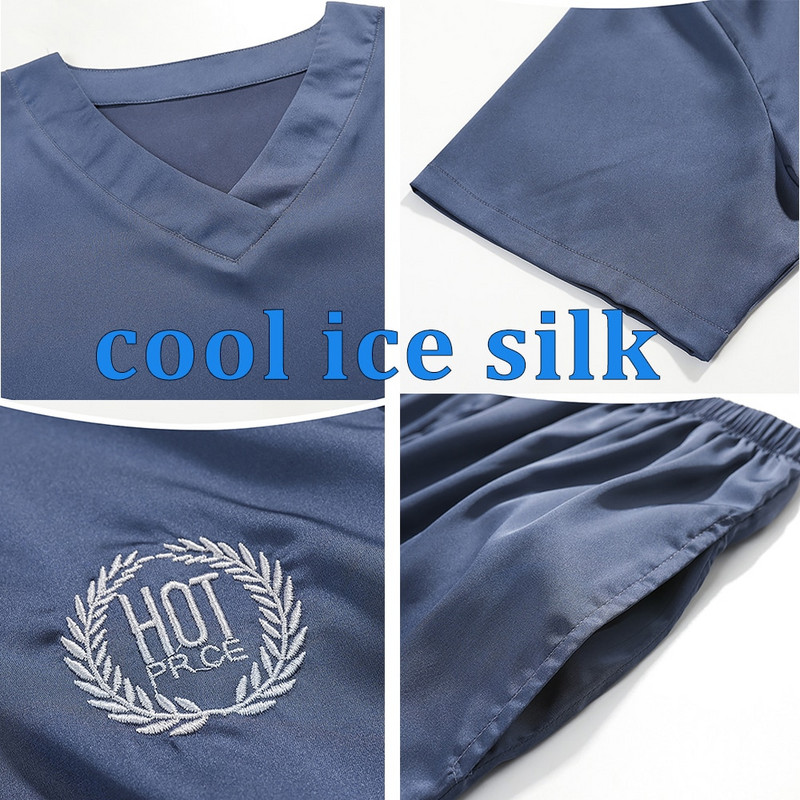 Casual V λαιμόκοψη μασίφ μεταξωτό σατέν πιτζάμες ανδρικές πιτζάμες καλοκαιρινές αναπνέουσες μπλούζες ύπνου με κοντό μανίκι Πυτζάμες pijama masculino