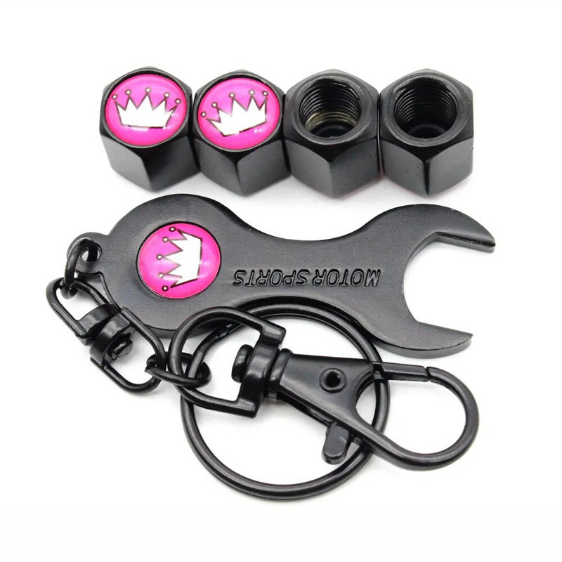 5 vnt. / rinkinys rožinės spalvos karūnos stiliaus apsaugos nuo vagystės emblema automobilinių ratų padangų oro vožtuvų dangteliai su veržliarakčiu raktų pakabuku cinko lydinio koteliu nuo dulkių A