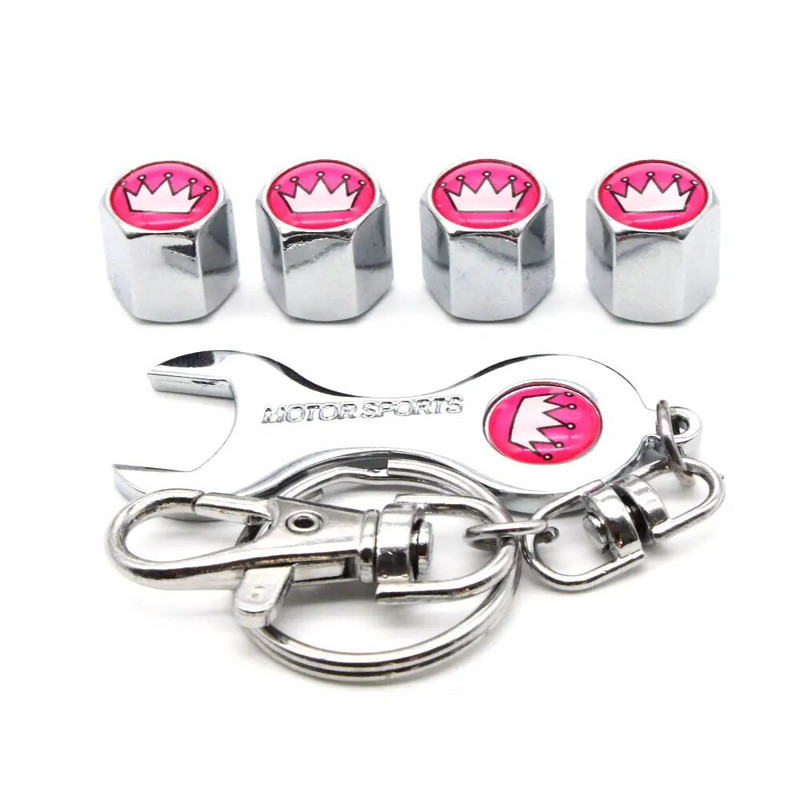 5 vnt. / rinkinys rožinės spalvos karūnos stiliaus apsaugos nuo vagystės emblema automobilinių ratų padangų oro vožtuvų dangteliai su veržliarakčiu raktų pakabuku cinko lydinio koteliu nuo dulkių A
