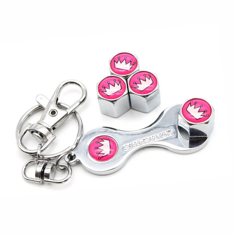 5 vnt. / rinkinys rožinės spalvos karūnos stiliaus apsaugos nuo vagystės emblema automobilinių ratų padangų oro vožtuvų dangteliai su veržliarakčiu raktų pakabuku cinko lydinio koteliu nuo dulkių A