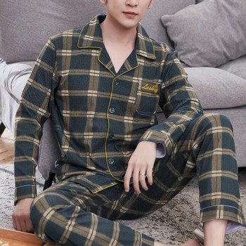 Мъжки комплект пижами Есенни нови пижами с дълги ръкави Корейски широки пижами на райета от две части Мъжко ежедневно спално облекло Комплект дрехи за сън