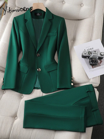Yitimuceng Fashion Office Γυναικεία Επίσημα Παντελόνια Γυναικεία Κοστούμια Φθινόπωρο Χειμώνας 2023 Μακρυμάνικο Slim Blazer Παντελόνι 2 τεμαχίων
