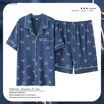 Нови 2024 г. Мъжки летни ежедневни комплекти пижами за спално облекло Памучни нощни дрехи с къси ръкави Пижами Костюм Мъжки свободни комплекти за домашно облекло