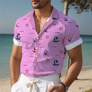 Sailboat Print Ανδρικό πουκάμισο Turndown Χαβάης Outdoor Street κοντομάνικο μπλούζες διακοπών για παραλία Μπλούζα καλοκαιρινά υπερμεγέθη ανδρικά πουκάμισα