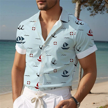 Sailboat Print Ανδρικό πουκάμισο Turndown Χαβάης Outdoor Street κοντομάνικο μπλούζες διακοπών για παραλία Μπλούζα καλοκαιρινά υπερμεγέθη ανδρικά πουκάμισα