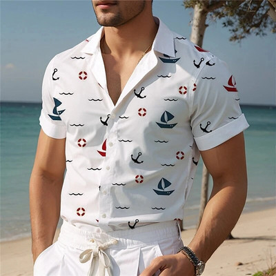 Sailboat Print Men`s Turndown Shirt Hawaiian Outdoor Street Short Sleeve Tops Vacation Beach Blouse Summer Oversized Man Shirts