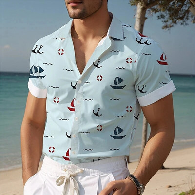 Sailboat Print Férfi ágyazású ing Hawaii Outdoor Street rövid ujjú felsők Nyaralás strandblúz Nyári túlméretezett férfi ingek