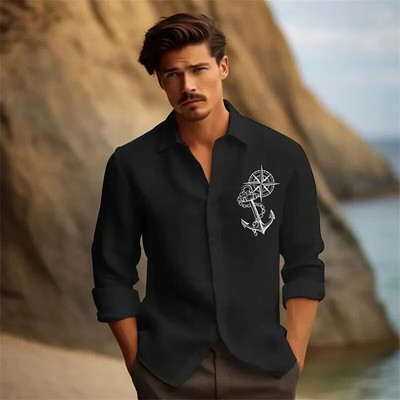 Sailboat Print Férfi ágyazású ing Hawaii Outdoor Street rövid ujjú felsők Nyaralás strandblúz Nyári túlméretezett férfi ingek