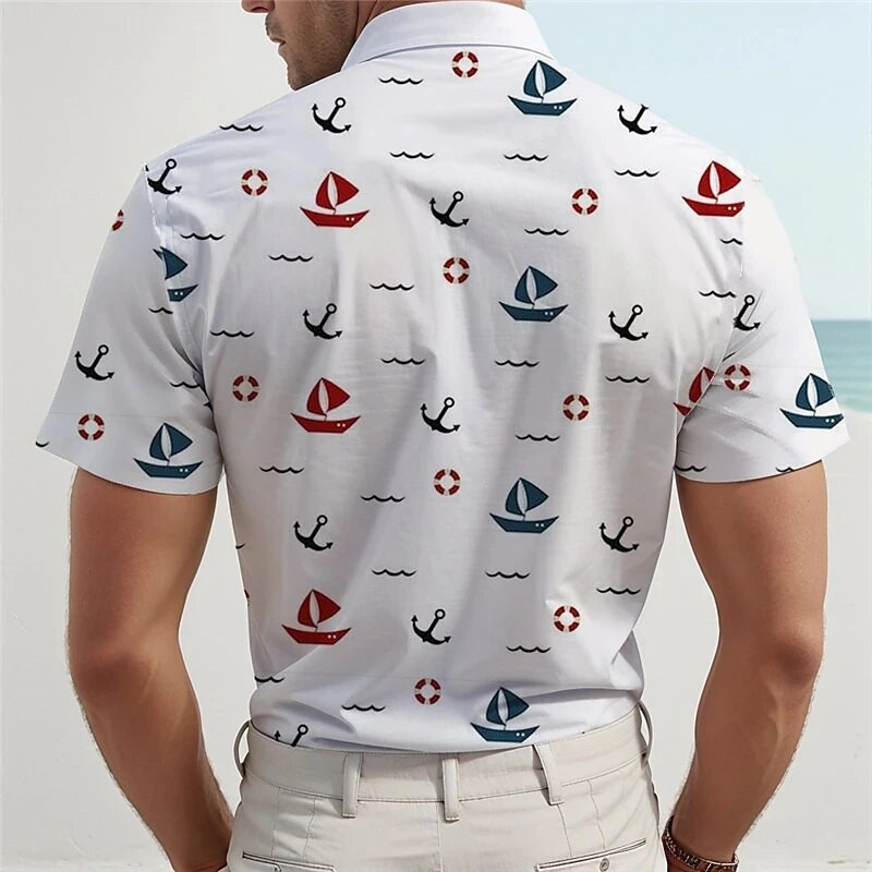 Sailboat Print Férfi ágyazású ing Hawaii Outdoor Street rövid ujjú felsők Nyaralás strandblúz Nyári túlméretezett férfi ingek
