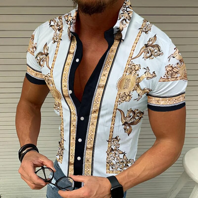 Geometriniai plediniai marginimai Madingi Nauji paplūdimio vyriški vasaros marškinėliai Laisvalaikiai kvėpuojantys trumpomis rankovėmis paplūdimio vyriški marškiniai