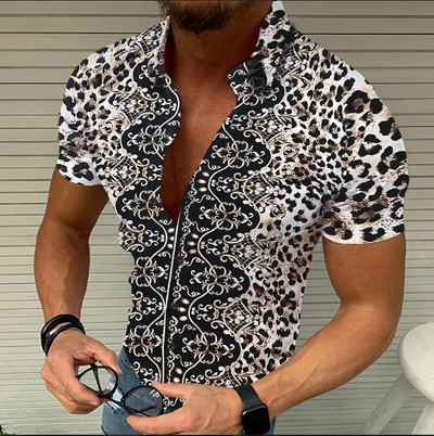 Geometriniai plediniai marginimai Madingi Nauji paplūdimio vyriški vasaros marškinėliai Laisvalaikiai kvėpuojantys trumpomis rankovėmis paplūdimio vyriški marškiniai