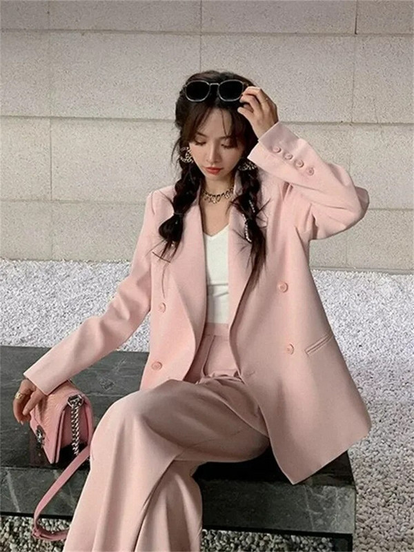 Proljetno-zimski modni dvodijelni blejzer i komplet hlača za žene Ružičasta odjeća Uredska dama 2-dijelni sako Odijelo Ulična odjeća Jesen