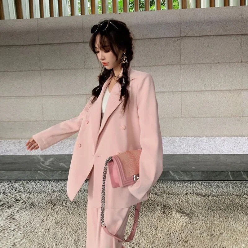 Proljetno-zimski modni dvodijelni blejzer i komplet hlača za žene Ružičasta odjeća Uredska dama 2-dijelni sako Odijelo Ulična odjeća Jesen