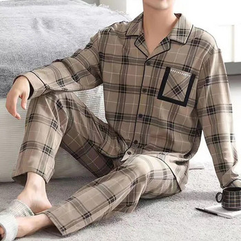 DIHOPE Мъжки комплекти пижами с дълъг ръкав, пениран памук, есенно-зимен стил, младежки комплект за домашно облекло, кърпа за сън, отвън, мъжки