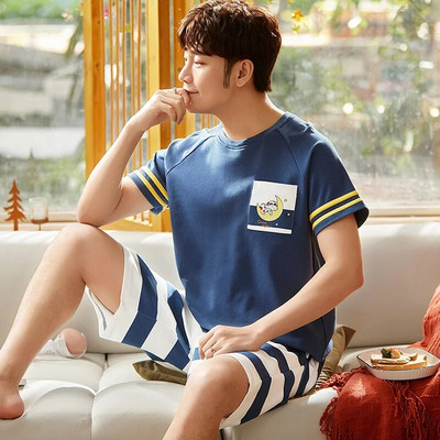 Plus Size L-3XL Βαμβακερά ενδύματα σπιτιού για άντρες Sleep tops Σορτς 2 τεμαχίων Σετ Πυζά Ανδρικά Νυχτικά Κινούμενα ρούχα νυχτερινά ρούχα Drop Ship