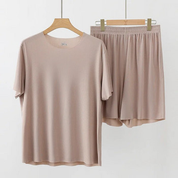 2023 Νέα ανδρικά Ice Silk Soft Sleepwear Γυναικείες καλοκαιρινές πιτζάμες O λαιμός Μασίφ Ρούχα σπιτιού Ανδρικά γυναικεία σετ πιτζάμες για ζευγάρια