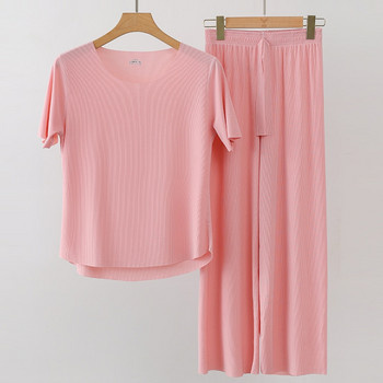 2023 Нов мъжки ледено копринено меко спално облекло Дамски комплект летни пижами О-образно деколте Плътни домашни дрехи Комплект мъжки женски пижами за двойки
