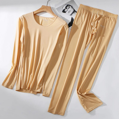 Alkalmi 2db vékony termál hosszú Johns szett férfiaknak egyszínű jégselyem hosszú ujjú felső alsó hálóruházat alsónemű férfi ruházat