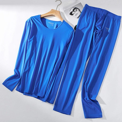 Alkalmi 2db vékony termál hosszú Johns szett férfiaknak egyszínű jégselyem hosszú ujjú felső alsó hálóruházat alsónemű férfi ruházat