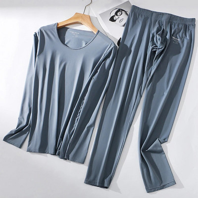 Alkalmi 2db vékony termál hosszú Johns szett férfiaknak egyszínű jégselyem hosszú ujjú felső alsó hálóruházat alsónemű férfi ruházat