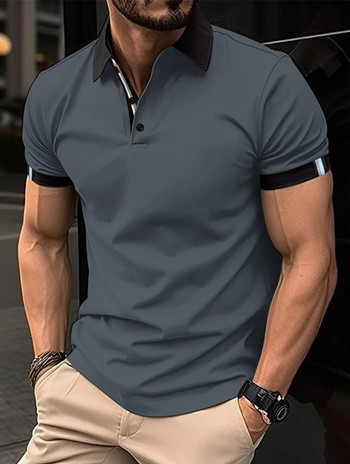 2024 Пролетна мъжка поло риза с копчета, едноцветна тениска с маншет и къс ръкав с ревер, ежедневно дишащо горнище, мъжко облекло