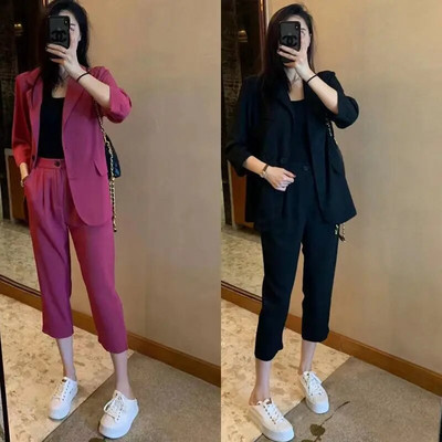 Moteriškas 2 kelnių komplektas Capris ir apranga Blazer Casual Dviejų dalių rinkiniai Kelnės moterims Y2k Streetwear kelnės, kostiumai korėjietiško stiliaus D