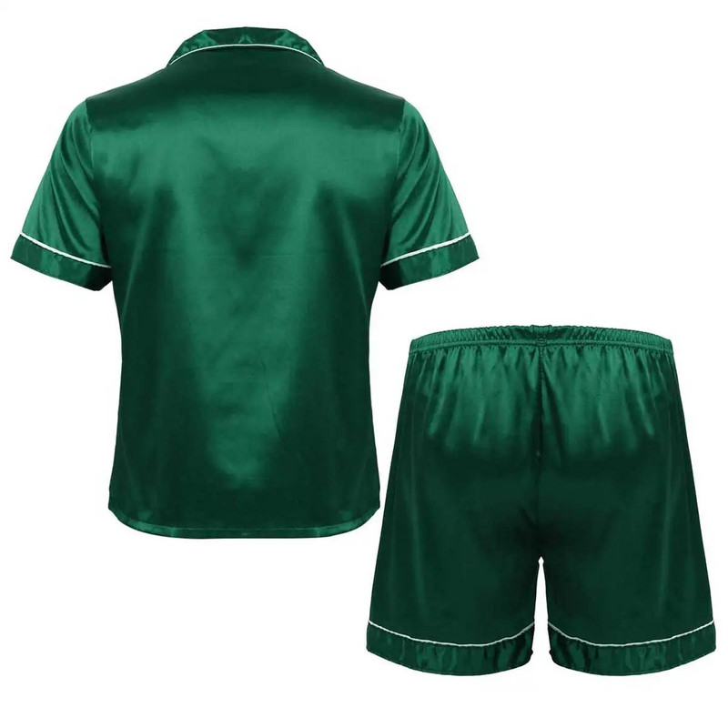 Vyriškas šilkinio atlaso pižamų komplektas, poilsio apranga su įpjova apykakle trumpomis rankovėmis, užsegamais marškinėliais su bokseriais šortais.