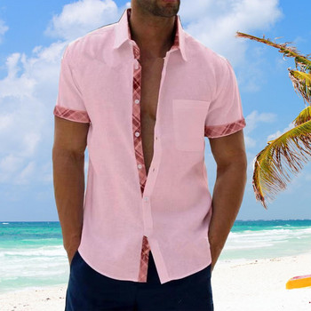 Мъжка лятна риза с къс ръкав, карирано копче и ревер, едноредно ежедневно облекло, джоб с кръпка Ежедневни мъжки дрехи