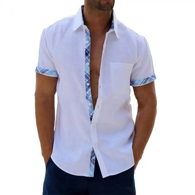 Men Summer Shirt Short Sleeve Plaid Printing Button Lapel Single-breasted Daily Wear Patch Pocket Casual Top Men Clothes