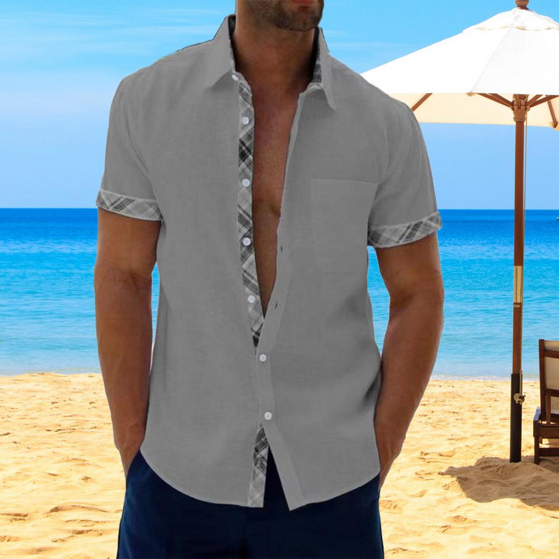 Vyriški vasariniai marškiniai trumpomis rankovėmis, languotais spausdinimo mygtukais, atvarte, vienaeiliui kasdieniniam dėvėjimui, kišenė, laisvalaikio viršutiniai vyriški drabužiai