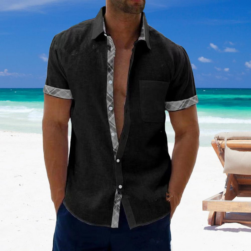 Vyriški vasariniai marškiniai trumpomis rankovėmis, languotais spausdinimo mygtukais, atvarte, vienaeiliui kasdieniniam dėvėjimui, kišenė, laisvalaikio viršutiniai vyriški drabužiai