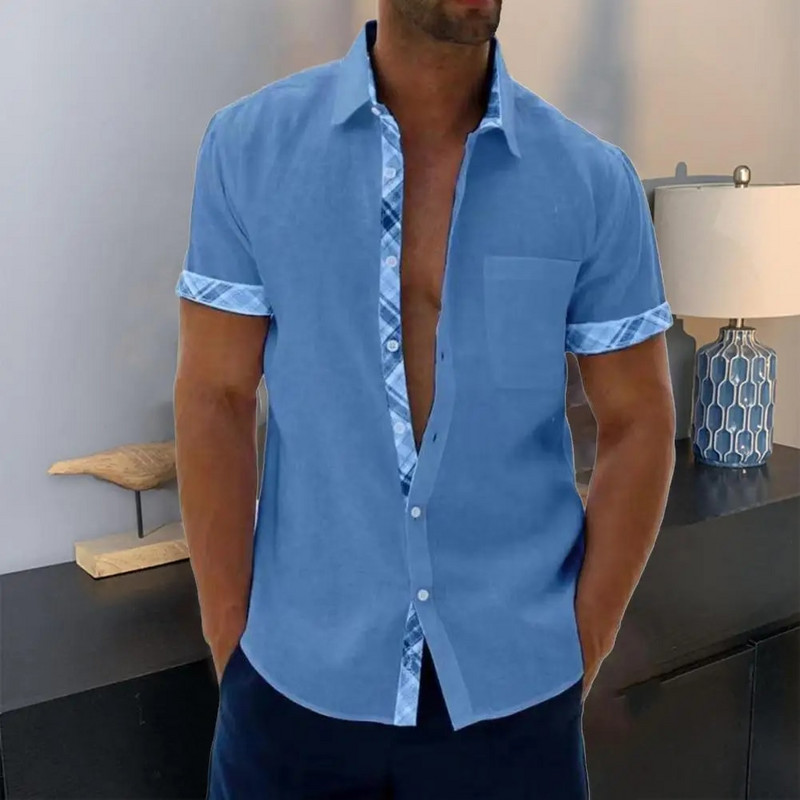 Vyriški vasariniai marškiniai trumpomis rankovėmis, languotais spausdinimo mygtukais, atvarte, vienaeiliui kasdieniniam dėvėjimui, kišenė, laisvalaikio viršutiniai vyriški drabužiai