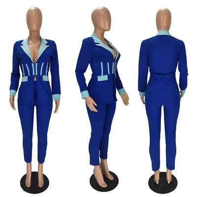 Leosd Sexy Patchwork Corset Blazer Viršutinė striukė ir ilgos pieštuko formos kelnės, kostiumai moterims, 2 dalių rinkiniai ilgomis rankovėmis biuro moteriški drabužiai