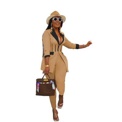 Leosd Sexy Patchwork Corset Blazer Viršutinė striukė ir ilgos pieštuko formos kelnės, kostiumai moterims, 2 dalių rinkiniai ilgomis rankovėmis biuro moteriški drabužiai