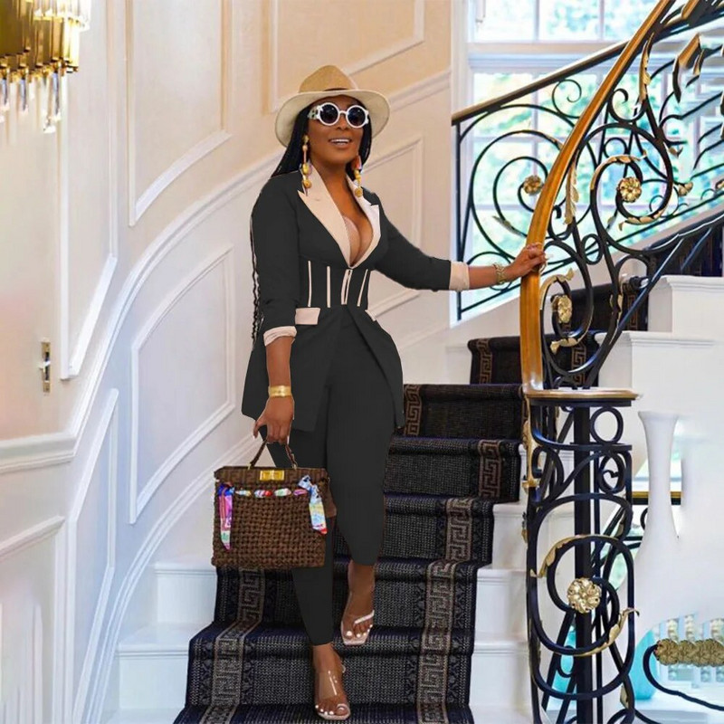 Leosd Sexy Patchwork Corset Blazer Viršutinė striukė ir ilgos pieštuko formos kelnės, kostiumai moterims, 2 dalių rinkiniai ilgomis rankovėmis biuro moteriški drabužiai