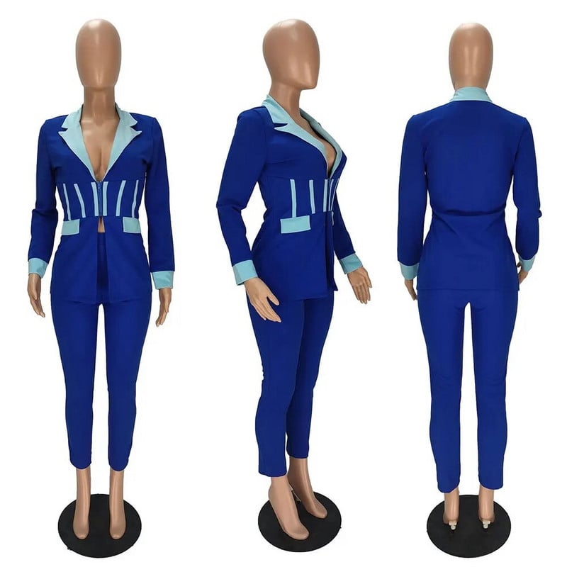 Leosd Sexy Patchwork Corset Blazer Viršutinė striukė ir ilgos pieštuko formos kelnės, kostiumai moterims, 2 dalių rinkiniai ilgomis rankovėmis biuro moteriški drabužiai