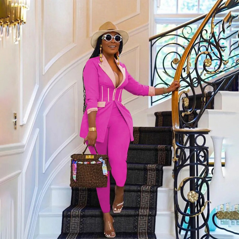 Leosd Sexy Patchwork Corset Blazer Viršutinė striukė ir ilgos pieštuko formos kelnės, kostiumai moterims, 2 dalių rinkiniai ilgomis rankovėmis biuro moteriški drabužiai