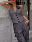 TRAFZA tavaszi női divatos 3 részes hajtóka hosszú ujjú blézerkabát + formális stílusú öltöny mellény + vad női széles lábú hosszú nadrág